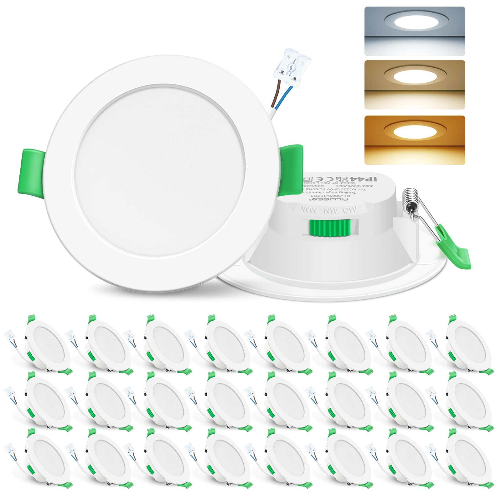 ALUSSO LIGHTING Ściemniany Punkt LED, 7W, Ciepła Biel 3000K/Neutralna Biel 4000K/Zimna Biel 6500K, Wbudowane Oświetlenie Sufitowe Extra Płaski 29mm, łazienkowy IP44, Biały, Zestaw 24 Sztuk