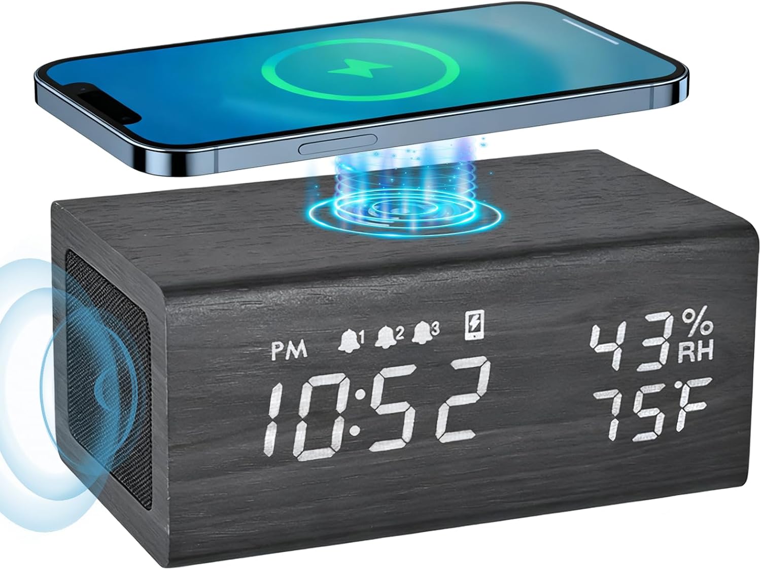 Wooden Digital Alarm Clocks,10W Wireless Charging with 3 Alarms, Dual 5W Stereo Bluetooth Speaker and Light Up with Sound, Adjustable Brightness Date Display Clock for Bedroom, Heavy Sleepers Adults