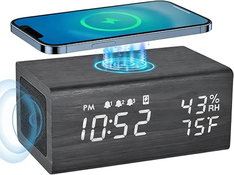 Wooden Digital Alarm Clocks,10W Wireless Charging with 3 Alarms, Dual 5W Stereo Bluetooth Speaker and Light Up with Sound, Adjustable Brightness Date Display Clock for Bedroom, Heavy Sleepers Adults
