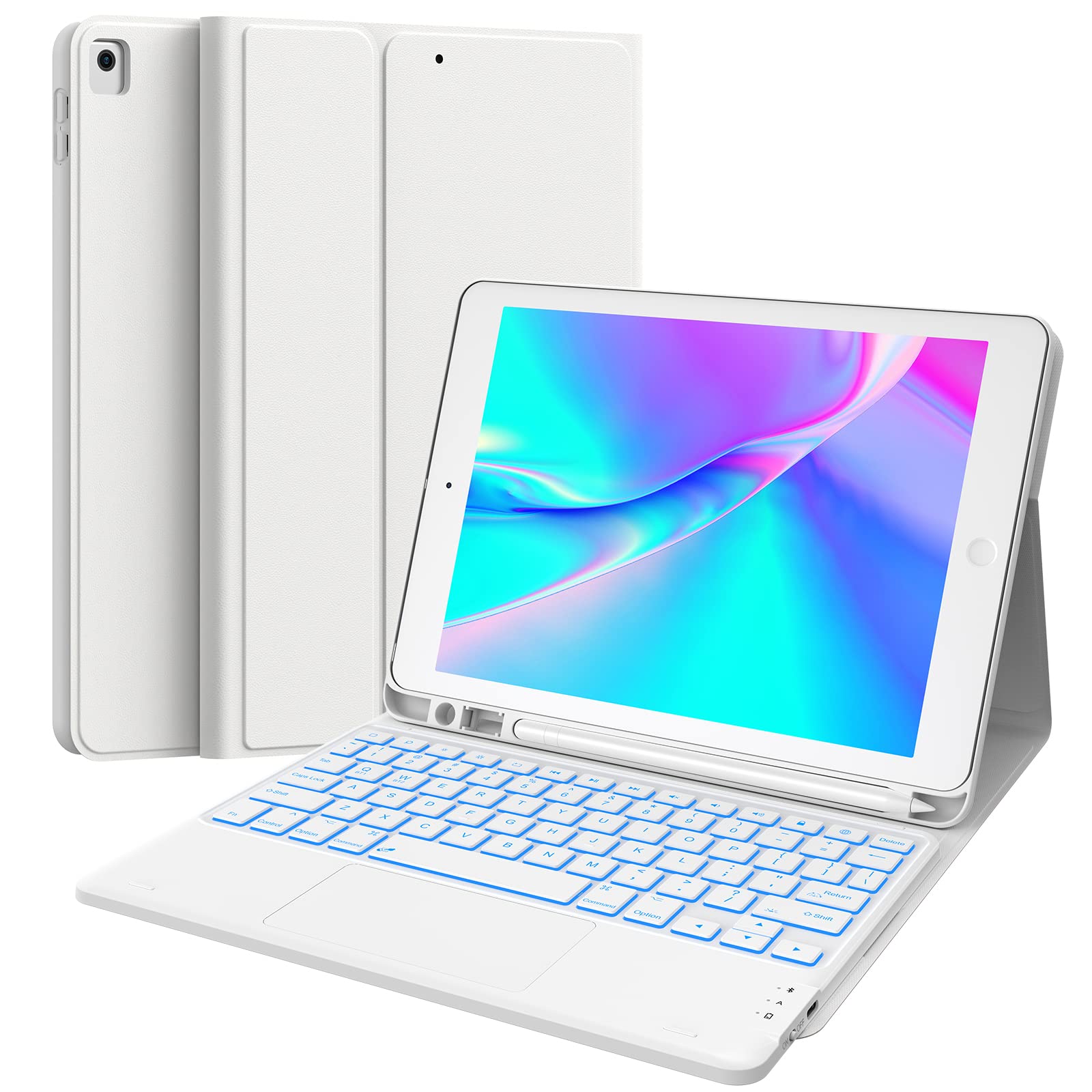 CHESONA for iPad 9th Generation Case with Keyboard, 7 Color Backlit, Multi-Touch Trackpad, Built-in Pencil Holder, 2 Wireless Channels, Flip Stand Keyboard Case for iPad 9th/8th/7th Gen 10.2” White