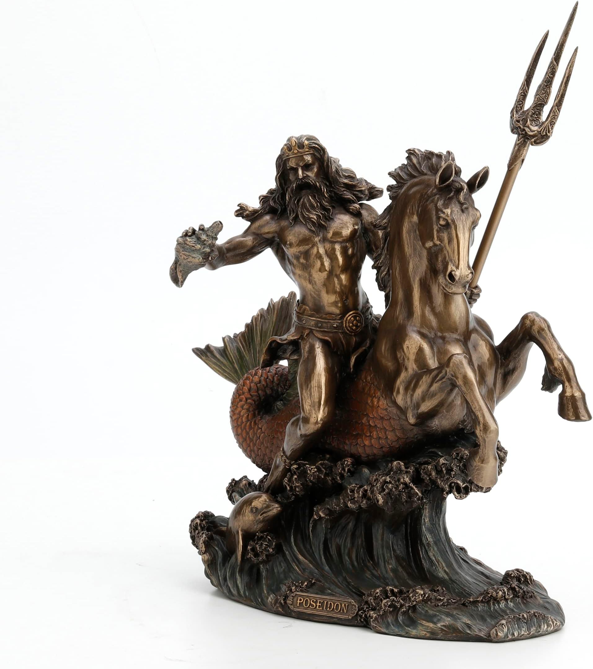 Veronese Design Poseidon Riding Hippocampus with Trident Resin Statue Bronze Finish