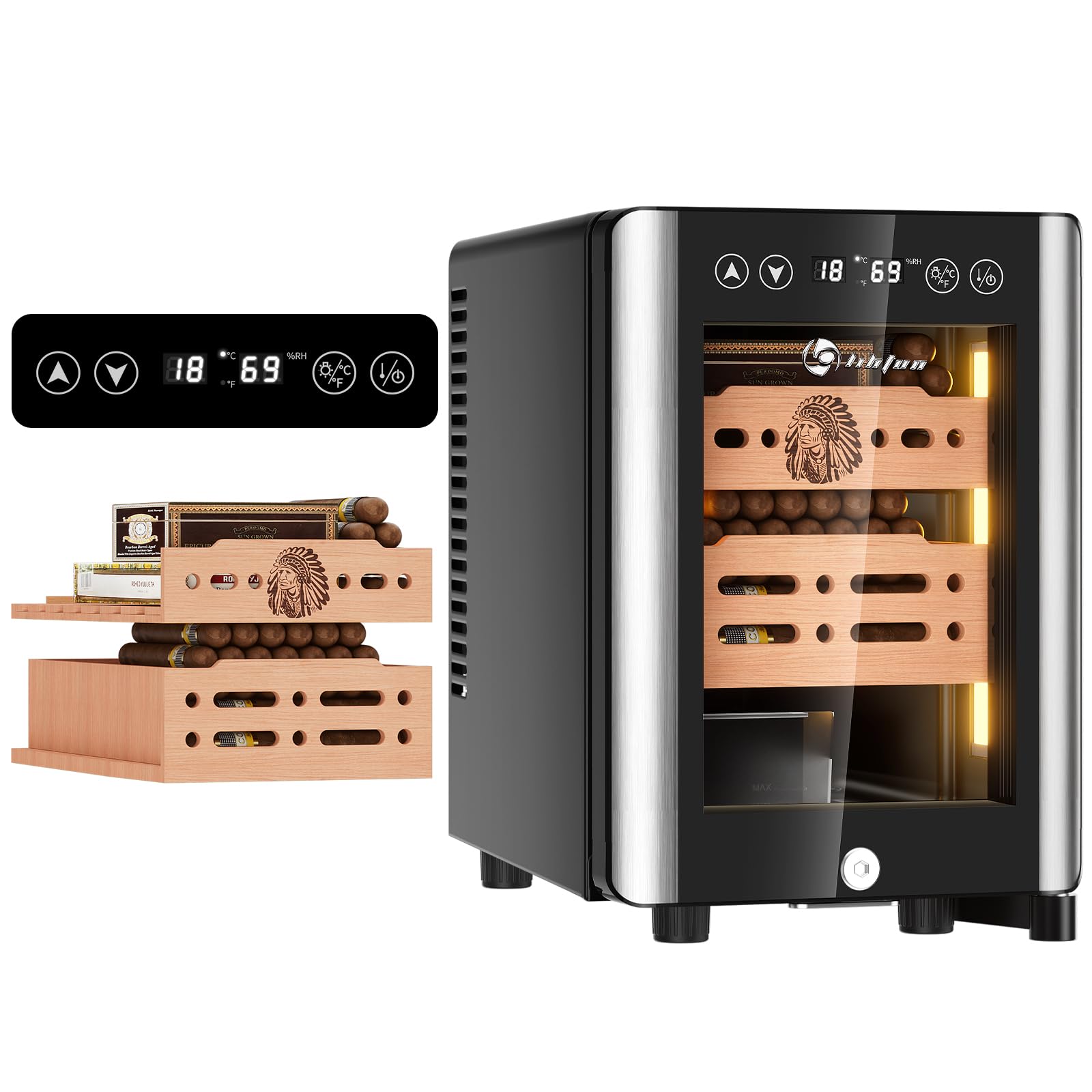 LIHTUN 16L Electric Cigar Humidor Cabinet with Light for 100 Cigars, Thermoelectric Cooling, Adjustable Temp and Humidity, Digital Display, 2 Removable Cedar Shelves, Lock, Gift for Men (16L)