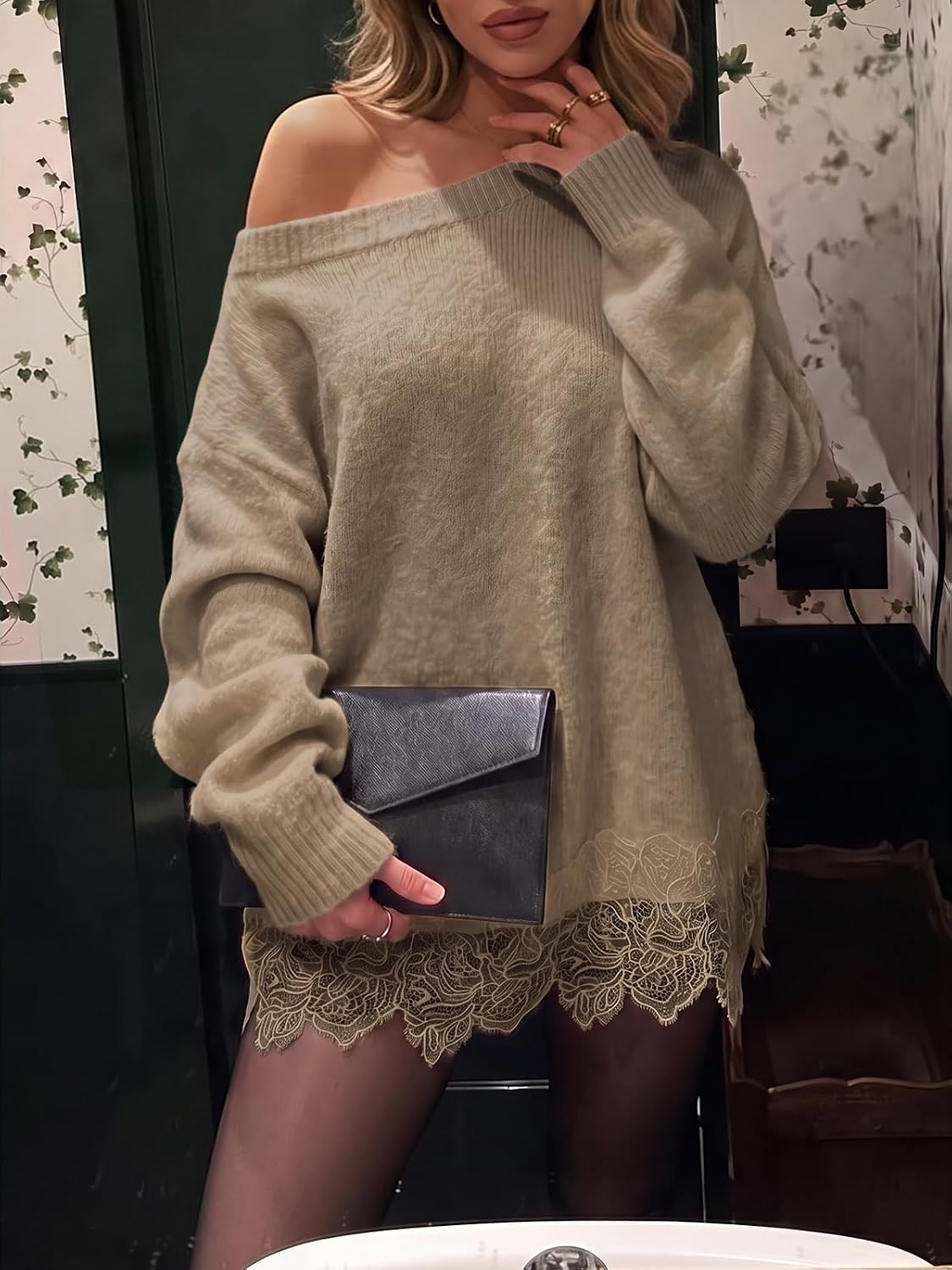  Womens Lace Patchwork Sweater Long Sleeve Boat Neck Pullovers thumbnail
