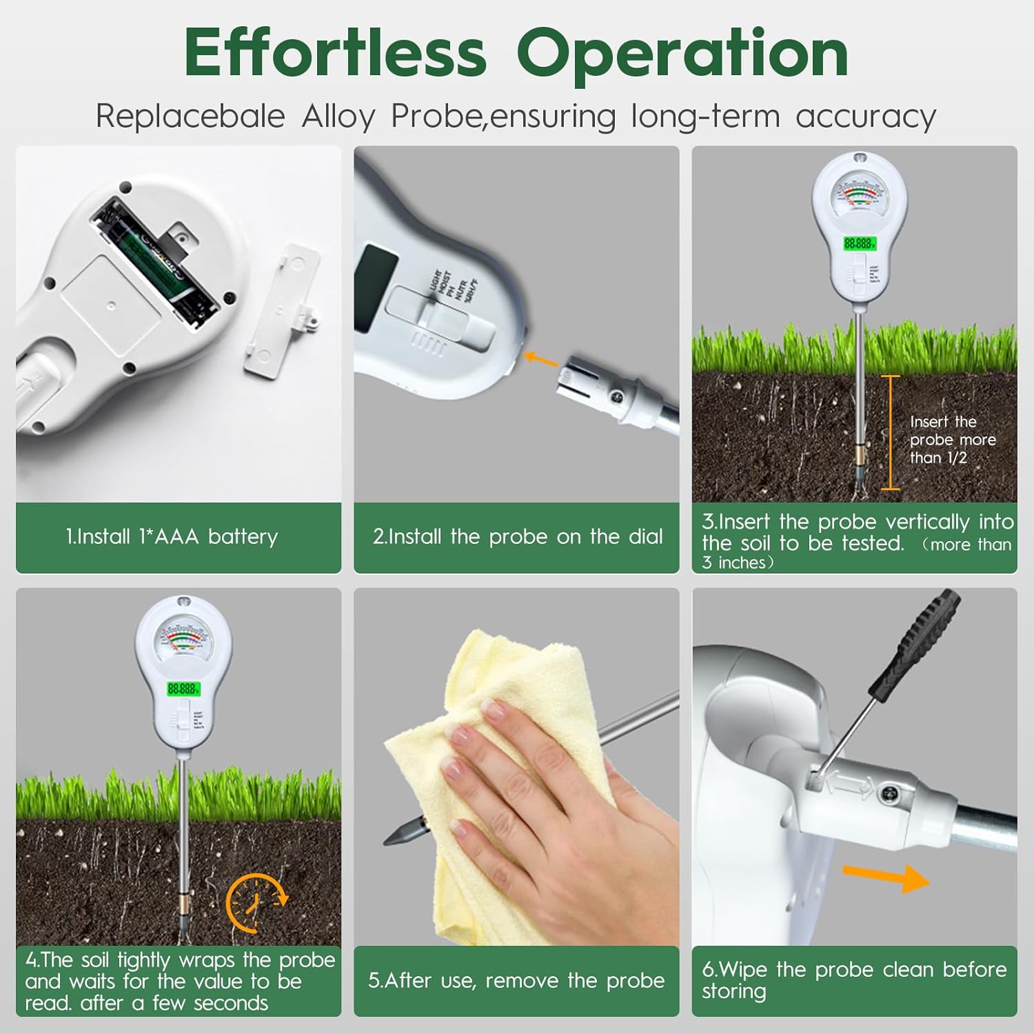 6-in-one Soil Test Kit-Soil Moisture Meter/PH Meter/Fertility/Sunlight Intensity Soil Tester, LCD Air Hygrometer&Temperature Moisture Meter for Plants-Garden, Lawn,Farm,1 Pack Detachable Probe