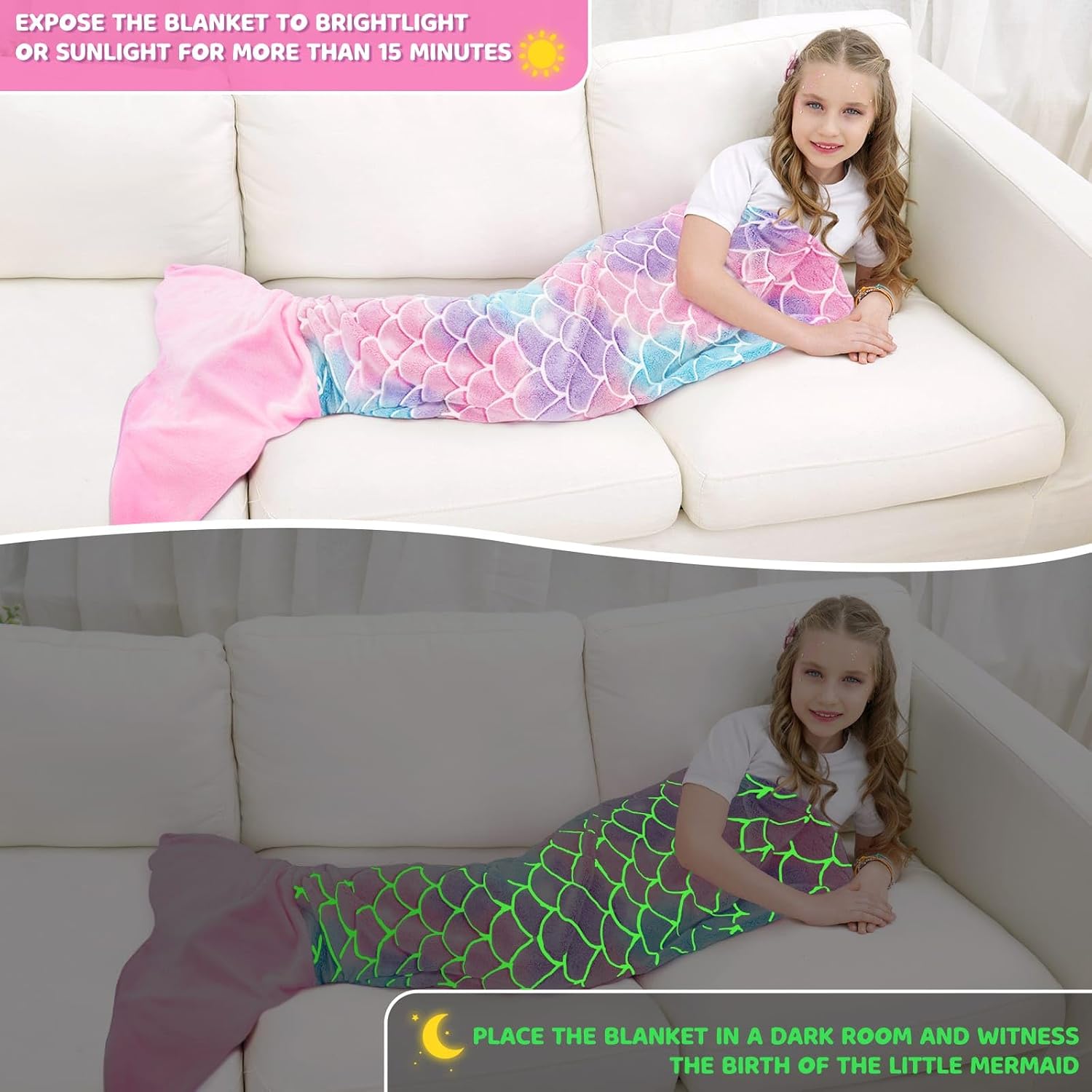 WERNNSAI Mermaid Tail Blanket - Glow in The Dark Mermaid Wearable Blanket image 3