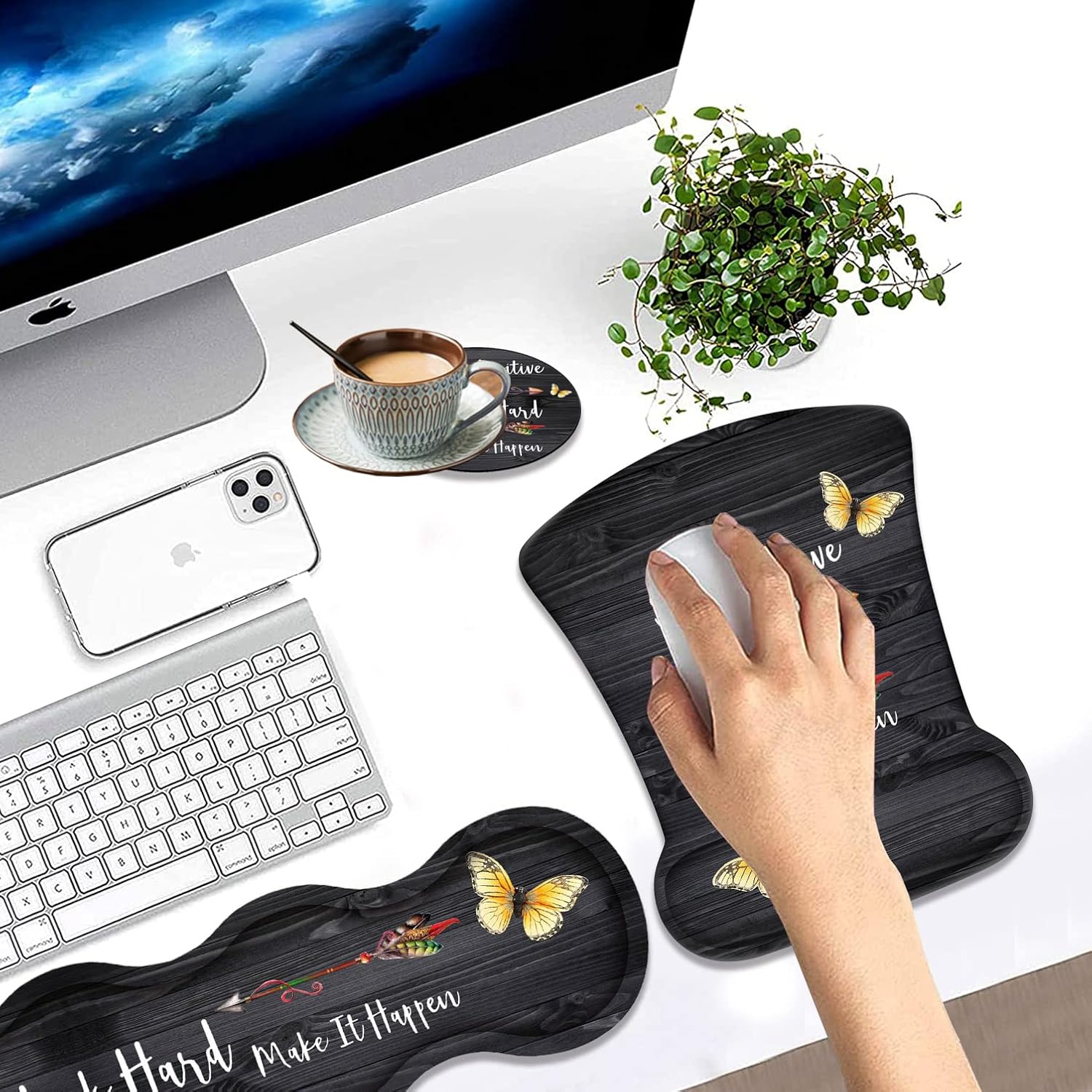 Keyboard Wrist Rest Pad + Wrist Rest Support Mouse Pad + Coaster + Hook Combo Set, Ergonomic Relief Wrist Pain Anti-Slip Mouse Pad for Home and Office, Stay Positive Work Hard and Make It Happen