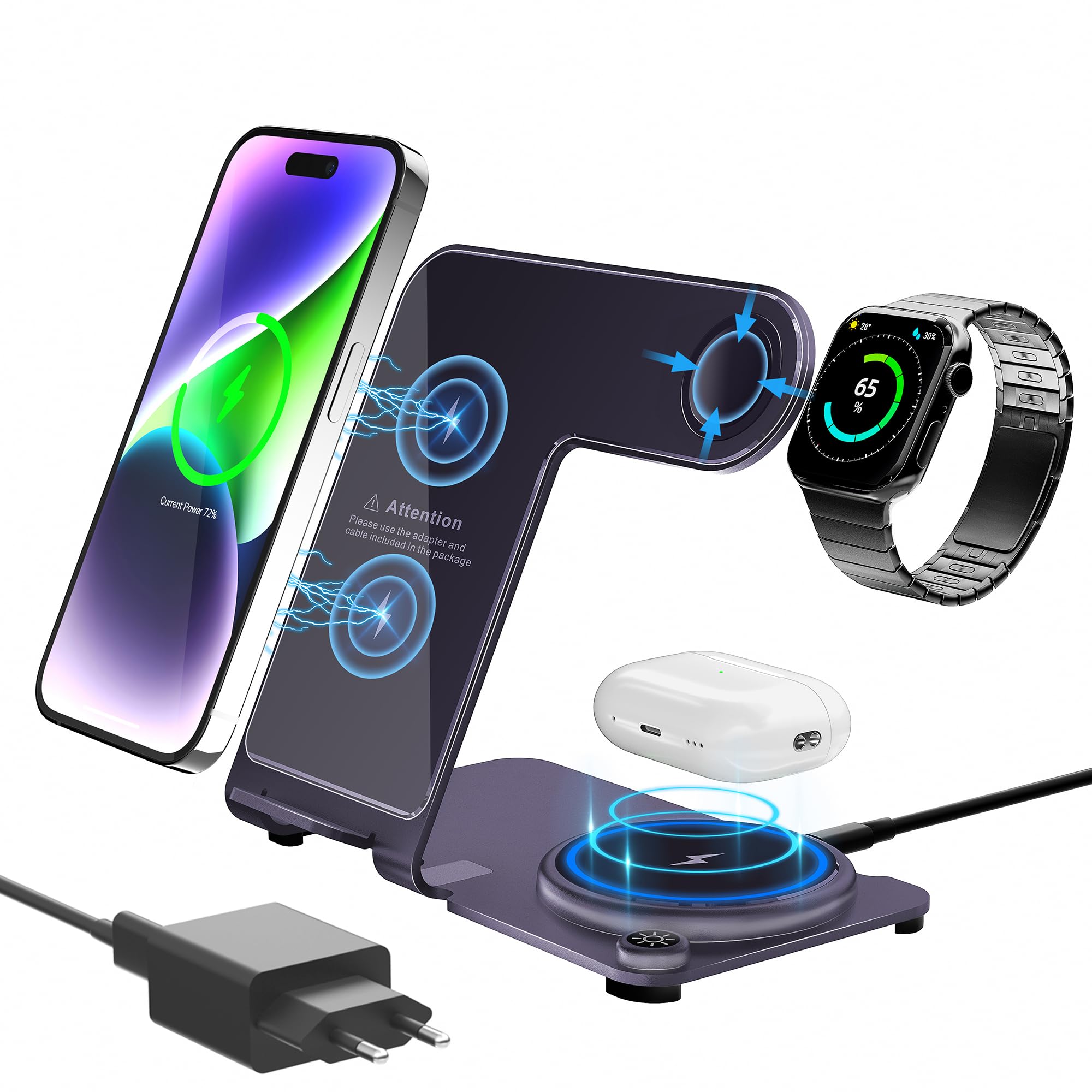 Caricabatterie senza fili in lega di alluminio, 3 in 1 stazione di ricarica wireless per Apple Phone 14, 13, 12, 11 (Pro, ProMax)/XS/X/8 (Plus), iWatch8/7/6/SE/5/4/3/2/:per AirPods 3/2/Pro