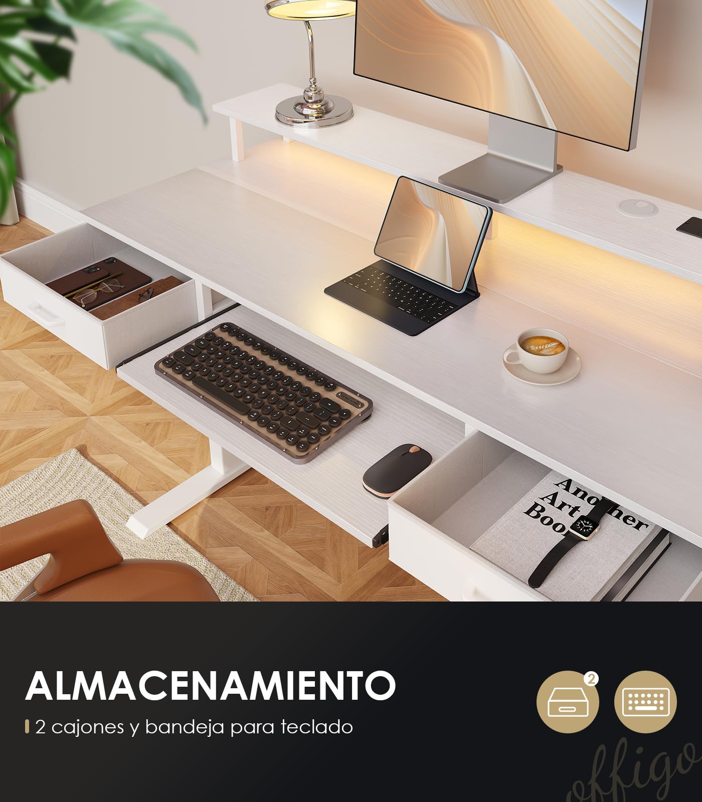 OffiGo Escritorio Elevable con 2 Cajones, 120cm Mesa Elevable, Blanco | Elevable Escritorio con Bandeja para Teclado, Mesa Regulable Altura con Soporte Monitor, Mesa Elevable con Enchufes y LED