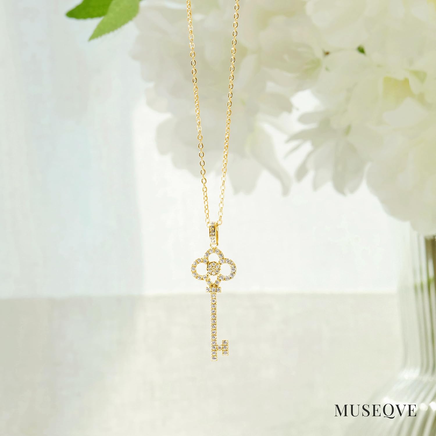 14K Gold Plated Key Necklace for Women • CZ Cubic Zirconia Key Pendant Layering Necklaces • Non-Tarnish Sparkly Jewelry Gifts for Her Mom [KN-CZ]
