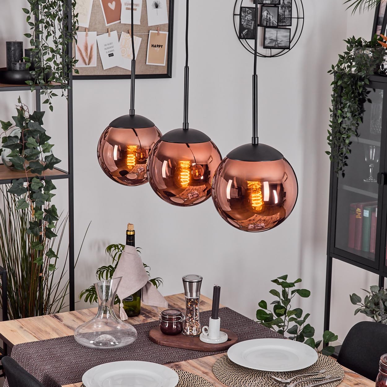 Hofstein Black, Copper Gastor Pendant Lamp, 3-Burner Metal/Glass Pendant Lamp In Black/Copper, Retro/Vintage Design (Ø 20 Cm), E27, Pendant Lamp Max. 137 Cm, Dining Room, Living Room, Kitchen