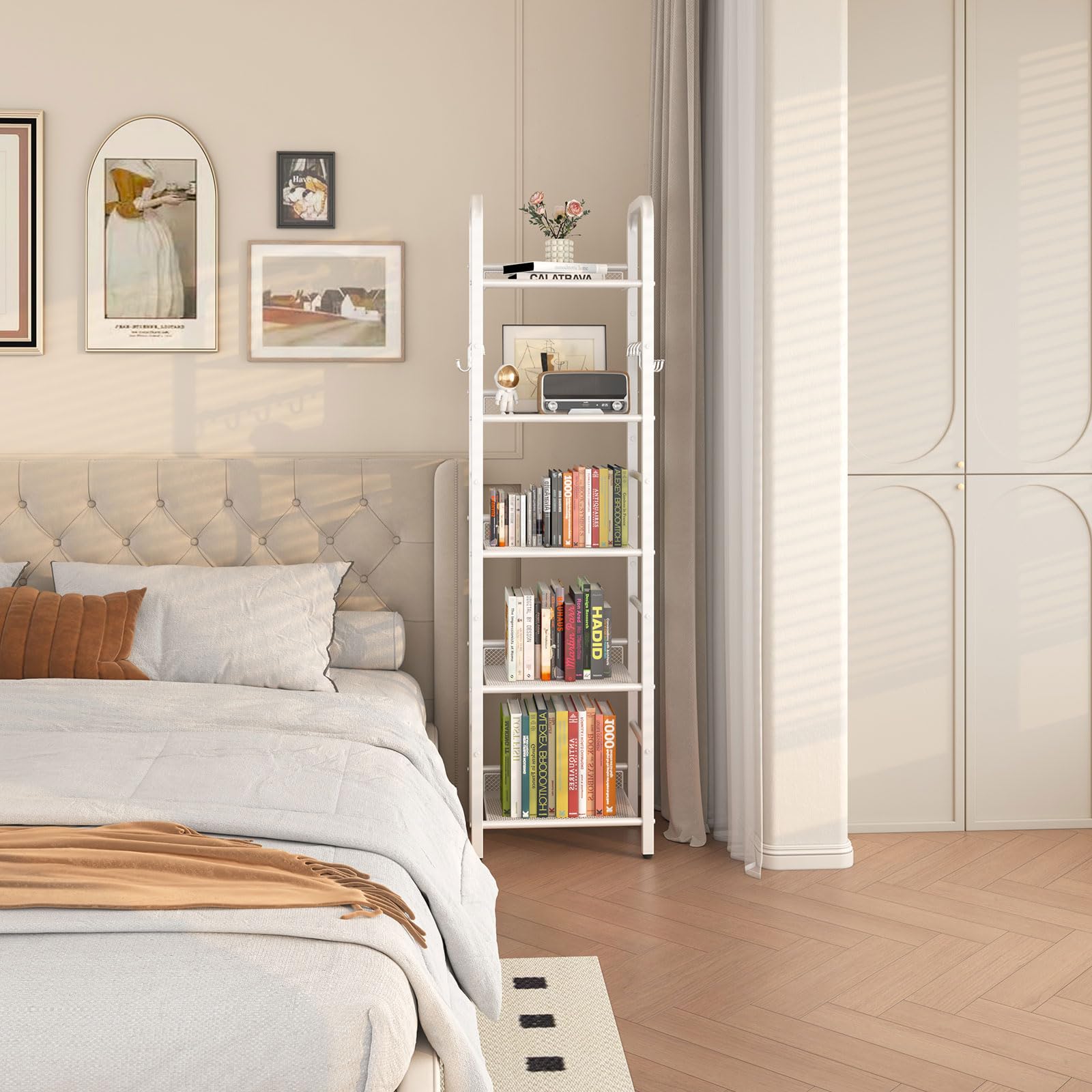 YMYNY Libreria a 5 strati, Libreria, Racchetto di stoccaggio, Mensole, Gancio a S 8 pezzi, Struttura in metallo, Stile minimalista, per Soggiorno, Ufficio, Bagno, Bianco HBC055W