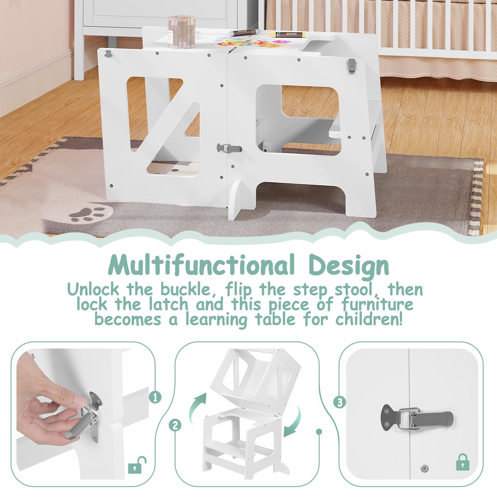 WOLTU Lernturm 3 in 1, Tritthocker Kinderhocker Kindertisch Tafel, Lernturm für Kinder, Küchenhelfer mit Rausfallschutz, faltbar, ab 3 Jahr, Weiß