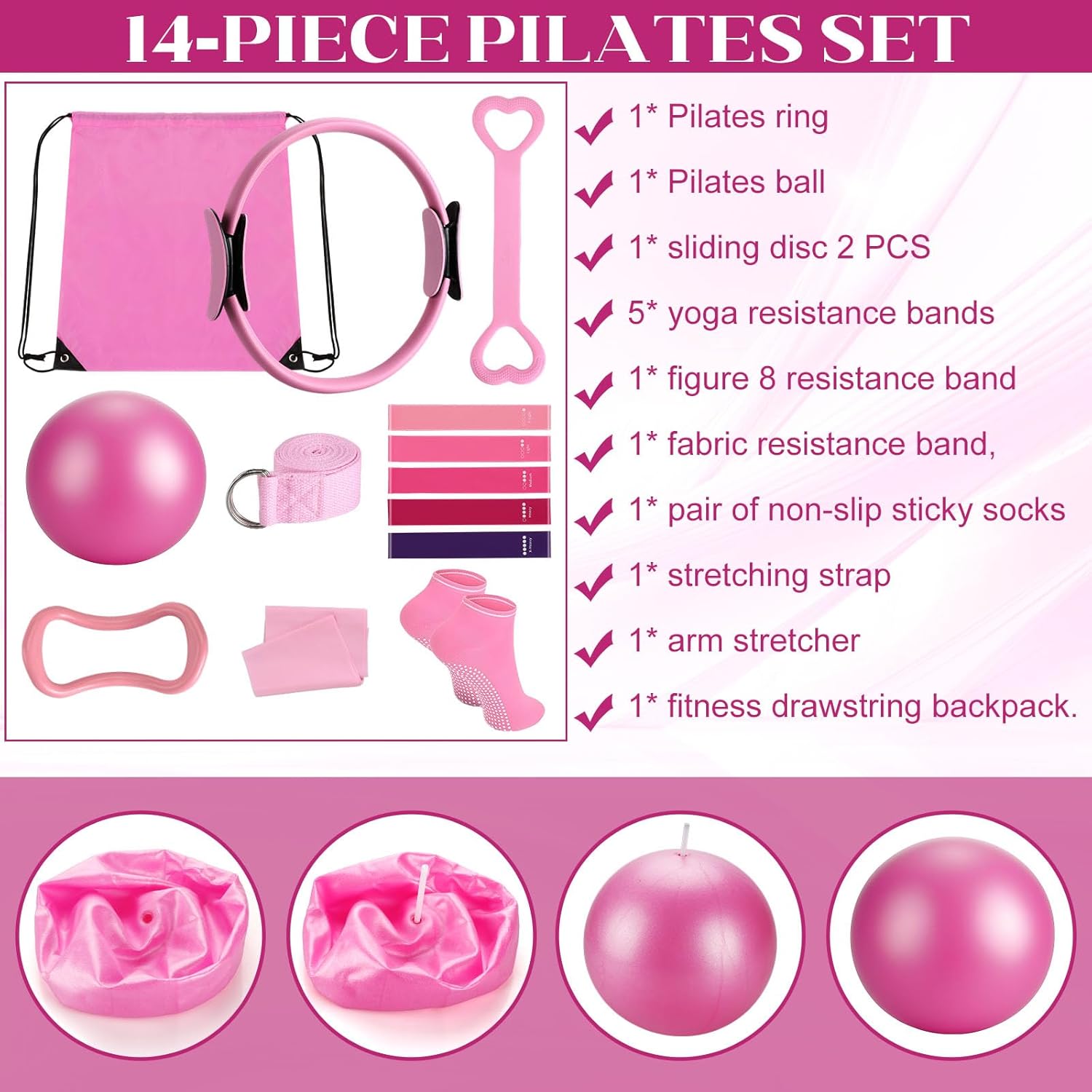 hotqueen 14 PCS Pilates Kit, Home Pilates Workout Kit for Women, Pilates Equipment with 14.9" Pilates Ring and Ball, Resistance Bands, Sliders & Grip Socks Accessories for Starter Home Workouts(Pink) - Image 5