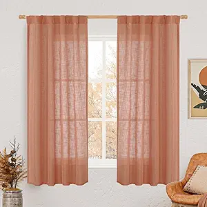 LAMIT 60 Inch Length Window Linen Curtains, Light Filtering Panels Back Tab and Rod Pocket Neutral Drapes for Bedroom/Living Room, Terracotta, 2 Panels, 34 x 60 Inch