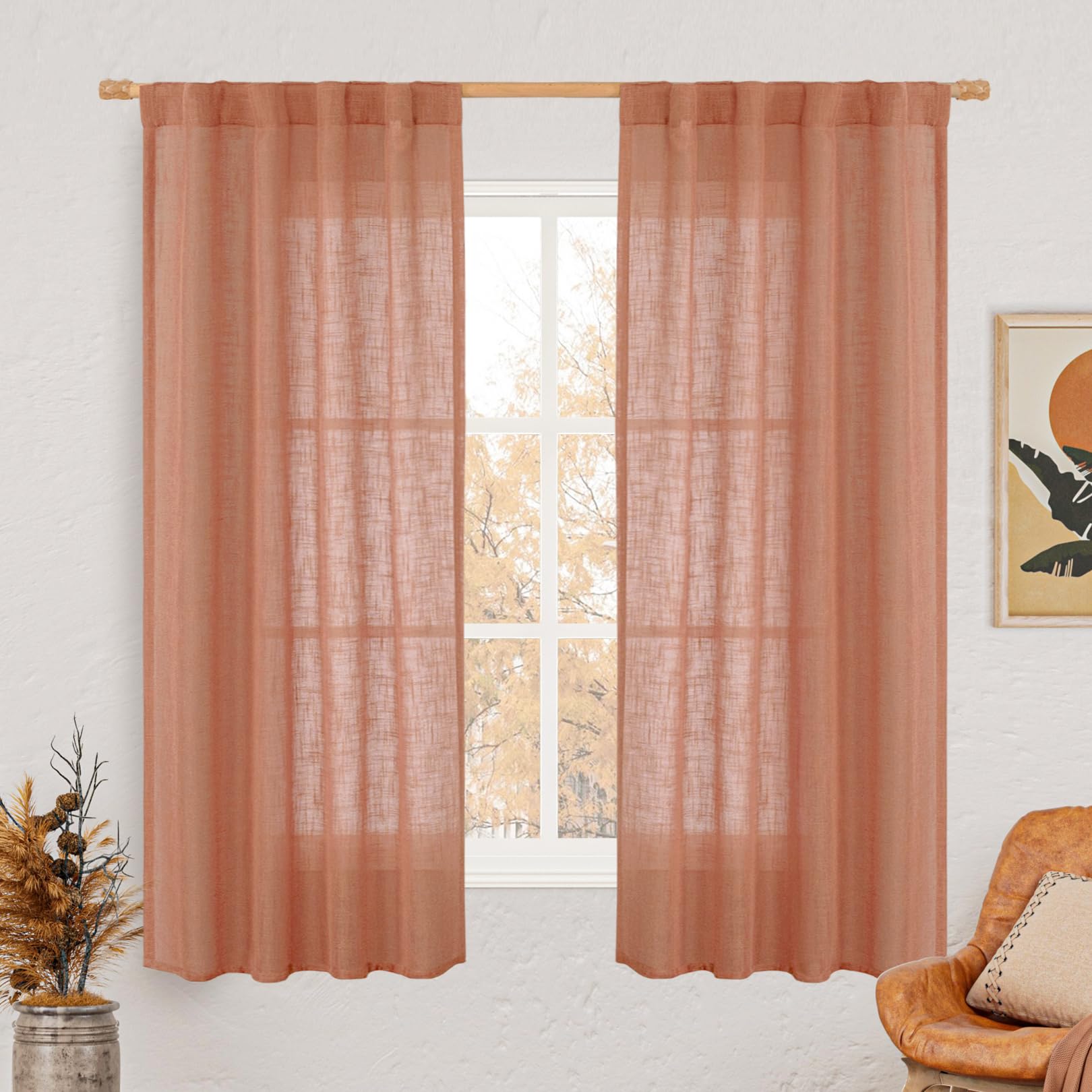 LAMIT Terracotta Linen Curtains Semi Sheer Curtains Bedroom Light Filtering Neutral Window Curtains Farmhouse Boho Back Tab and Rod Pockets 2 Panels 38x63 Inch โ image 1
