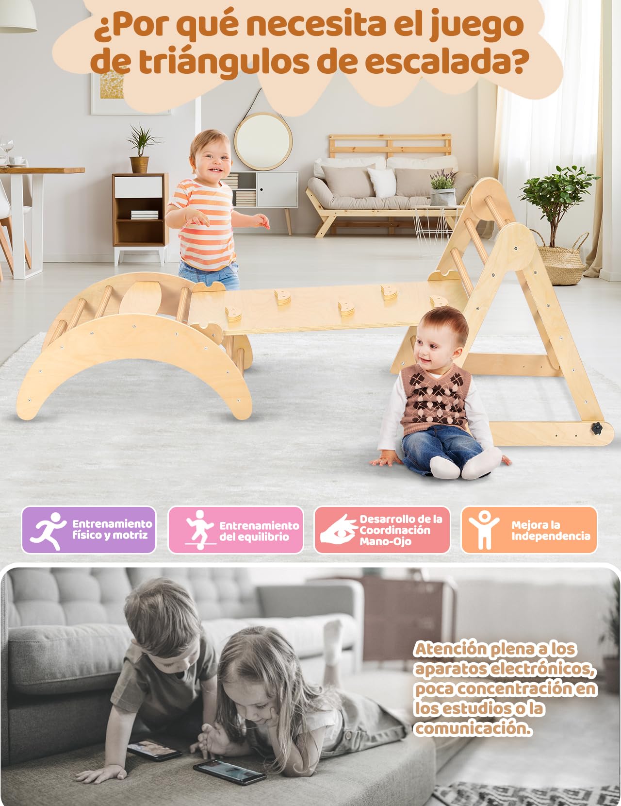 YOLEO Triangle d'escalade, Plegable 3 Piezas Montessori Climbing Frame con Rampa y Arco Balancín, Robusto y Divertido Parque Infantil y Gimnasio para Niños Pequeños 1-6 años