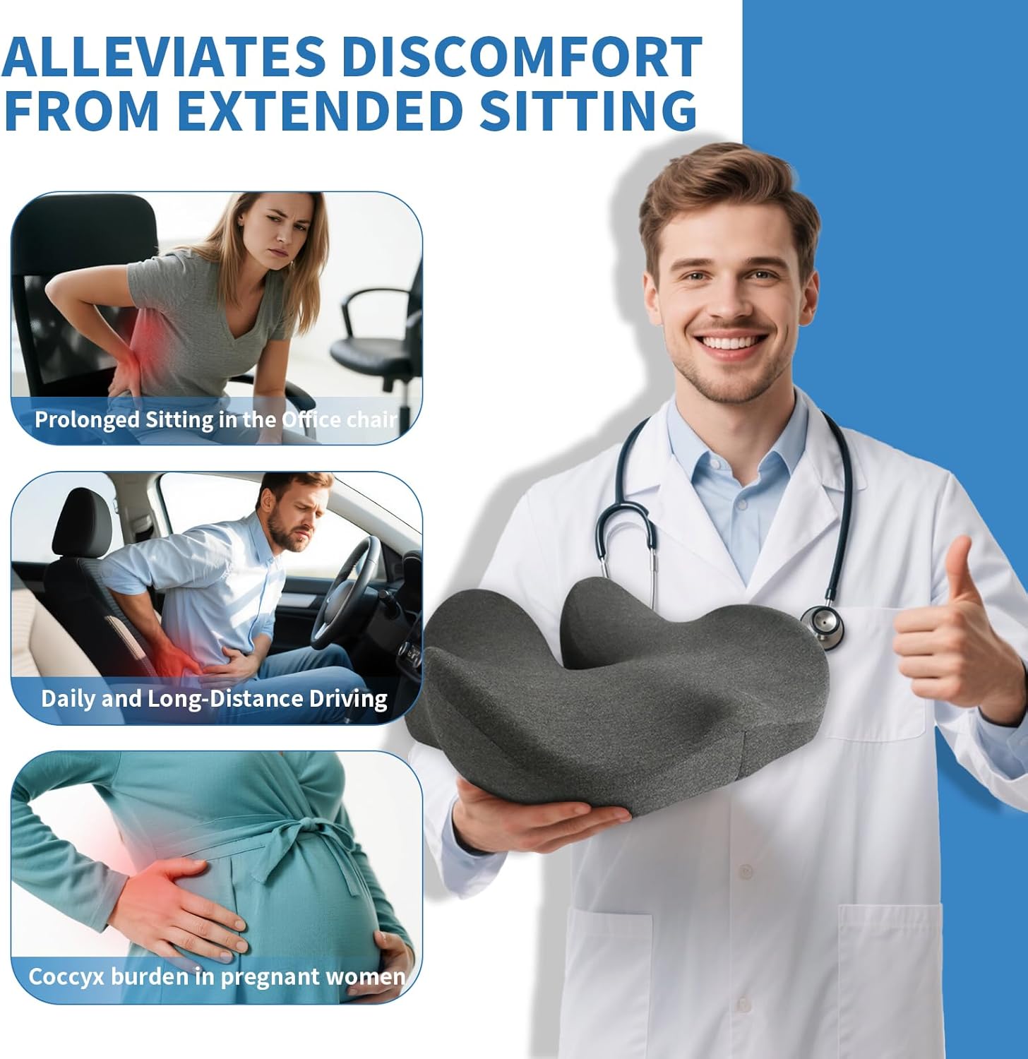 Memory Foam Seat Cushion,High Support Ergonomic Office Chair Cushion Thickened with Strap for Hip, Sciatica,Hemorrhoids,and Tailbone Pain Relief,Seat Cushion for Car,Home,Office - Image 6