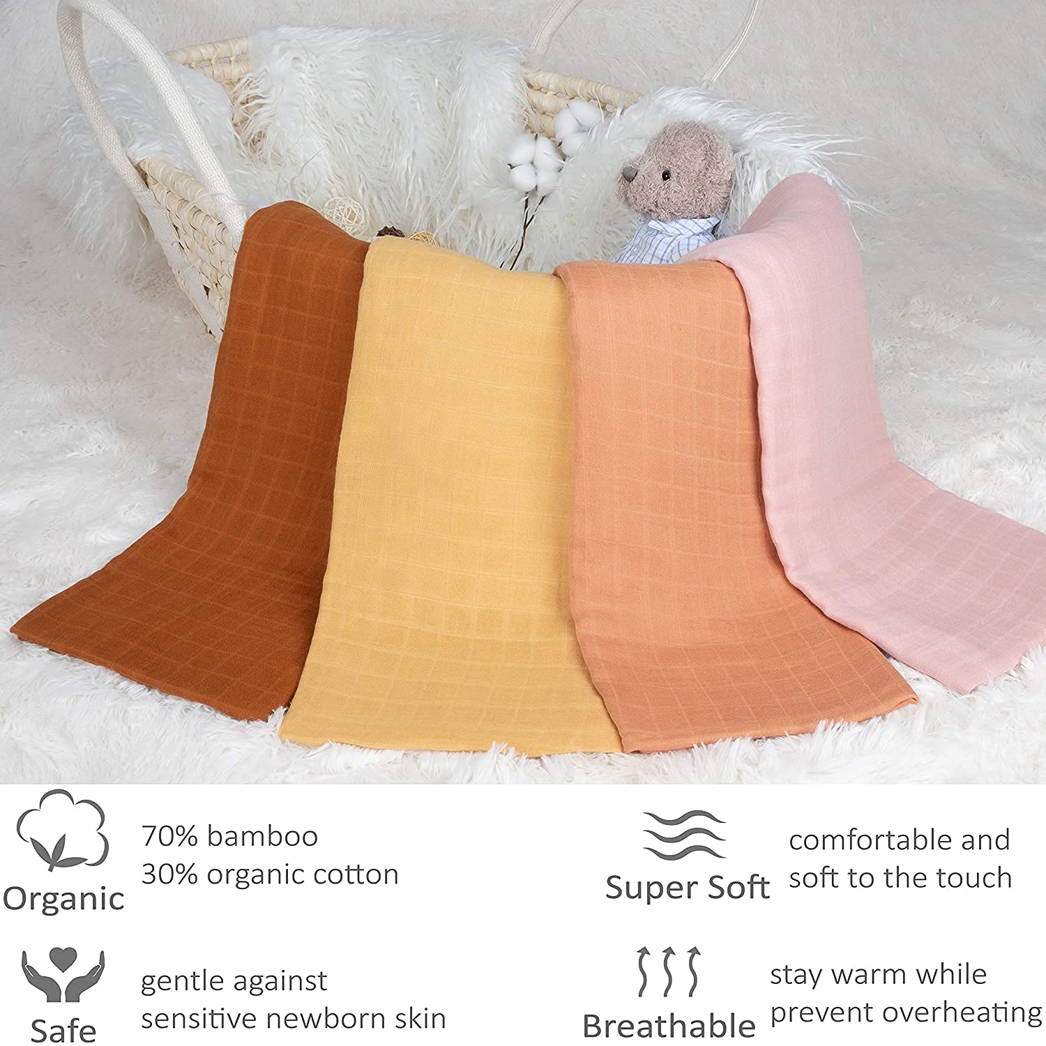 Copertina Neonato, 4 Pezzi Baby Swaddle Coperta, Mussole Neonato Coperta di Sicurezza,Telo Bagno,120 cm X 120 cm,Unisex Bambino Panno Ci Copertura