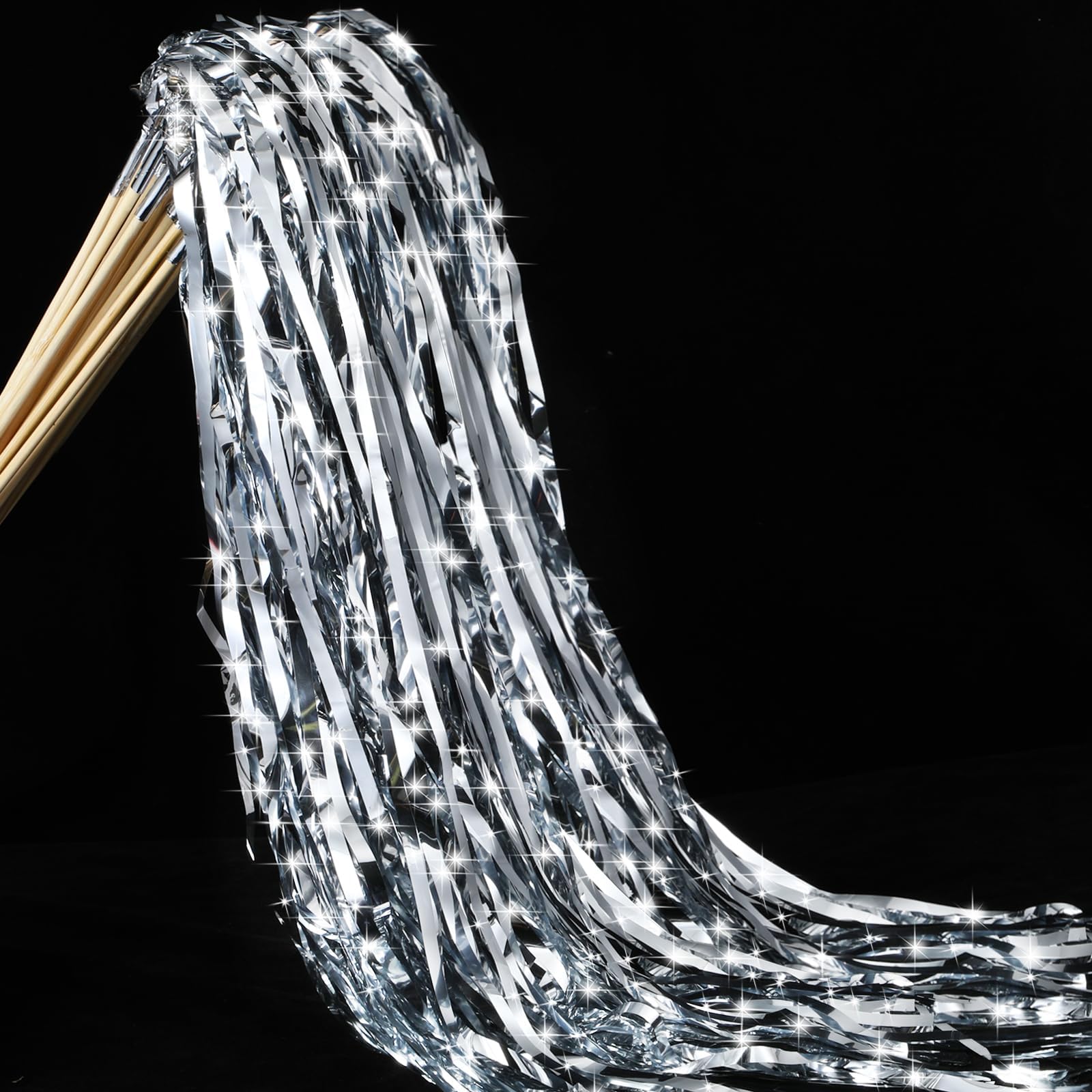 50 Pcs Wedding Fairy Wands with Bells Foil Tinsel Ribbon Stick Wands Tinsel Party Streamers with Bell Glittery Bridal Wedding Send Off Ideas Holiday Celebration (Silver)
