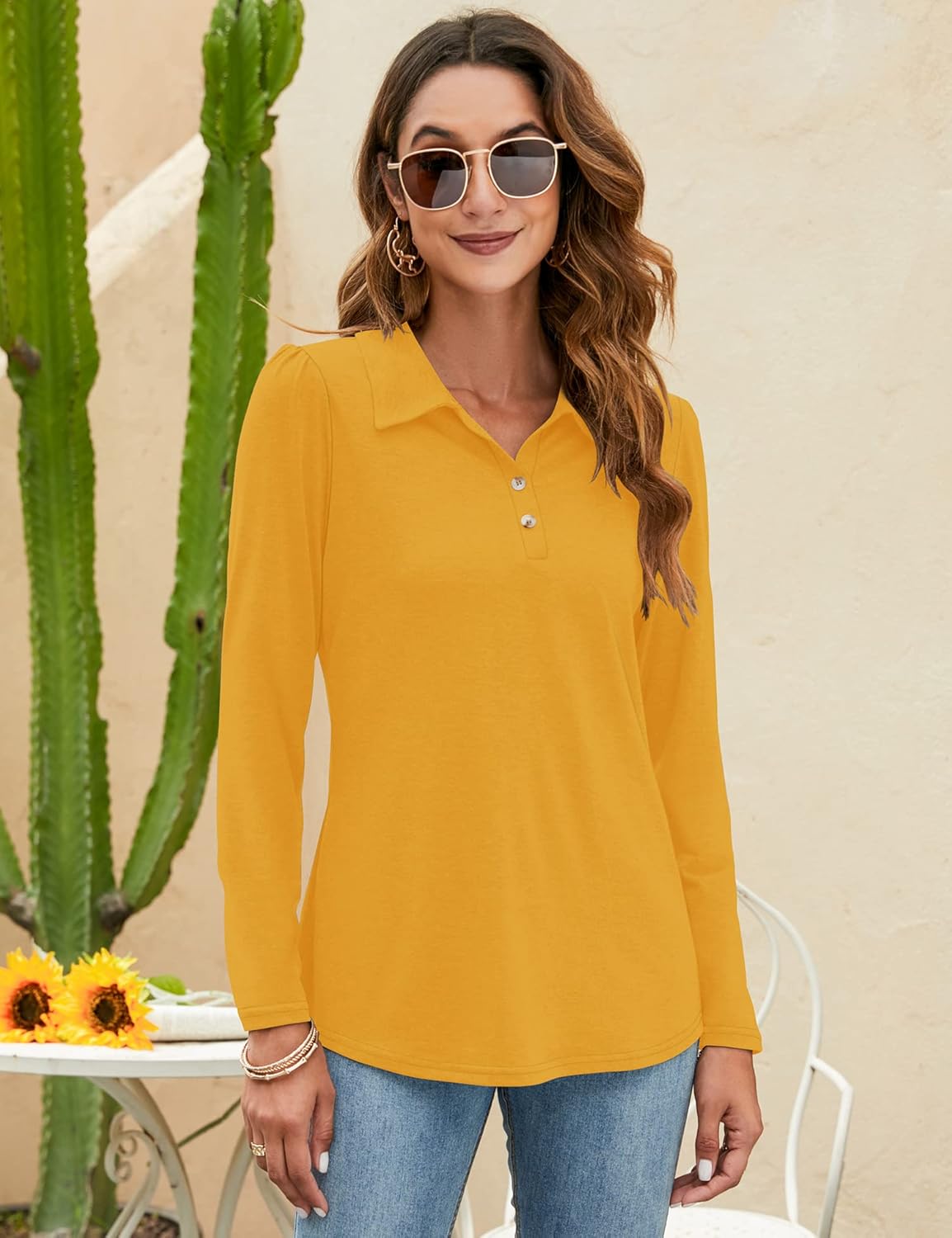 LOMON Womens Polo Shirts Button Down Collared Long Sleeve Tops V Neck Loose Blouses - Image 3