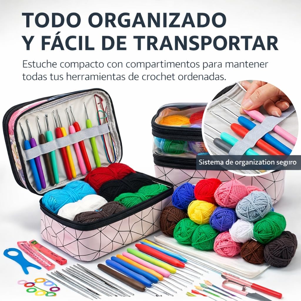 Ganchillos Crochet Kit Principiantes 105 Piezas- Manualidades Adultos Ganchillo Kit Crochet Principiantes Premium- Incluye 18 Ovillos de Lanas, Agujas Crochet, Marcadores, Hilo Crochet, Tijeras...