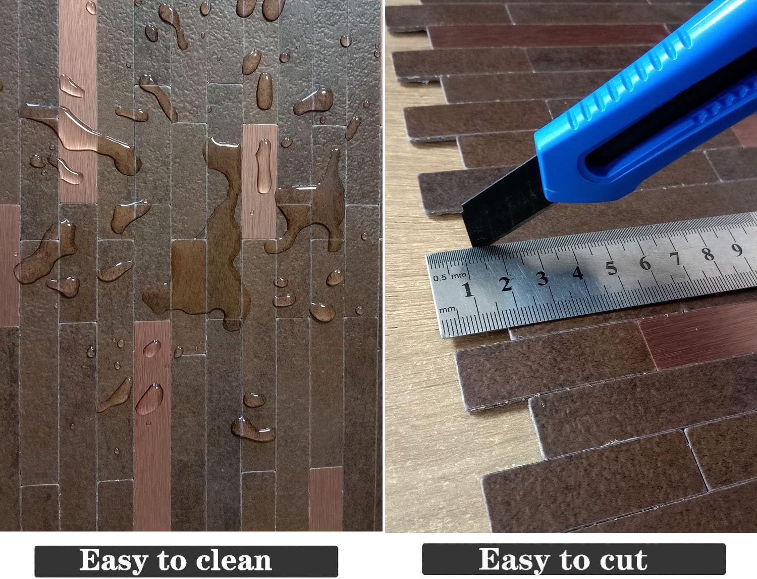 YMMXGE 10-Piece Peel and Stick Backsplash Stone & Wooden Texture Tiles, PVC Metal Wall Sticker, Decorative Wall Panels for Kitchen Living Room (Brown+Brushed Bronze, 10)