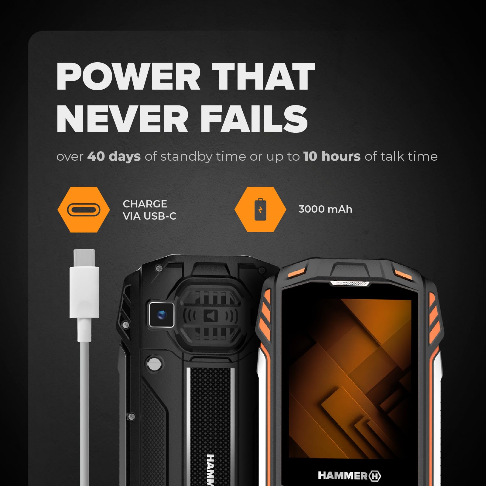 Hammer H Rock LTE Telefono Rugged senza Contratto, 3000mAh, 64 GB, Display IPS 2,4, Tasti Grandi, Tasto SOS, Torcia, Radio FM, Bluetooth, USB-C, Dual SIM, IP68/MIL-STD-810H, Nero