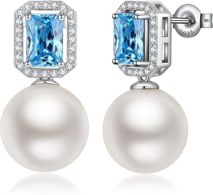 Elegant Pearl Stud Earrings for Women, 925 Sterling Silver Cubic Zirconia CZ Large Pearl Earring Jewelry 12MM