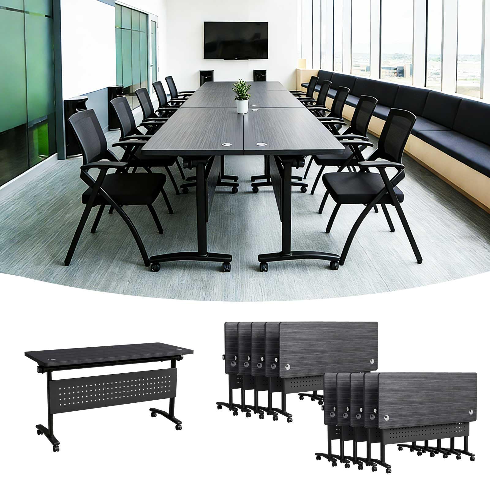 Modern Conference Table, Folding Conference Table with Wheels, Flip Top Mobile Meeting Table for 2-16 Person, Modular Seminar Training Room Table for
