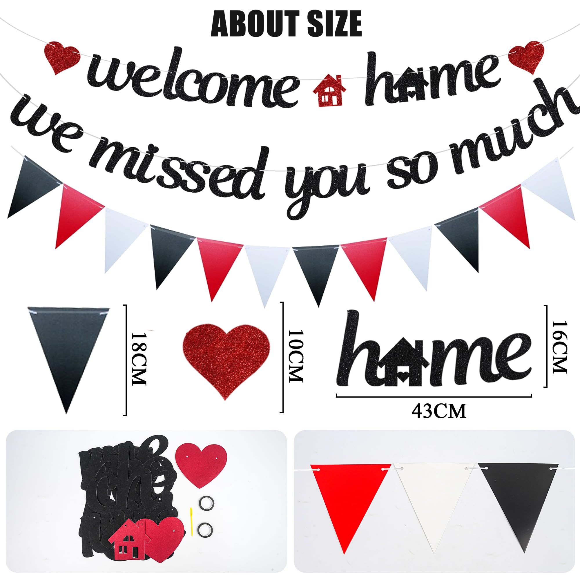 Welcome Home Decorations Banner Kit, We Missed You So Much Garland Bunting Balloon Black Red - Image 3