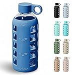 purifyou 40oz / 32oz / 22oz / 12oz Borosilicate Glass Water Bottle with Time & Volume Markers, Silicone Sleeve, Stainless Steel Lid | Reusable Glass Bottle for Water & Juice (22oz Chinese Porcelain)