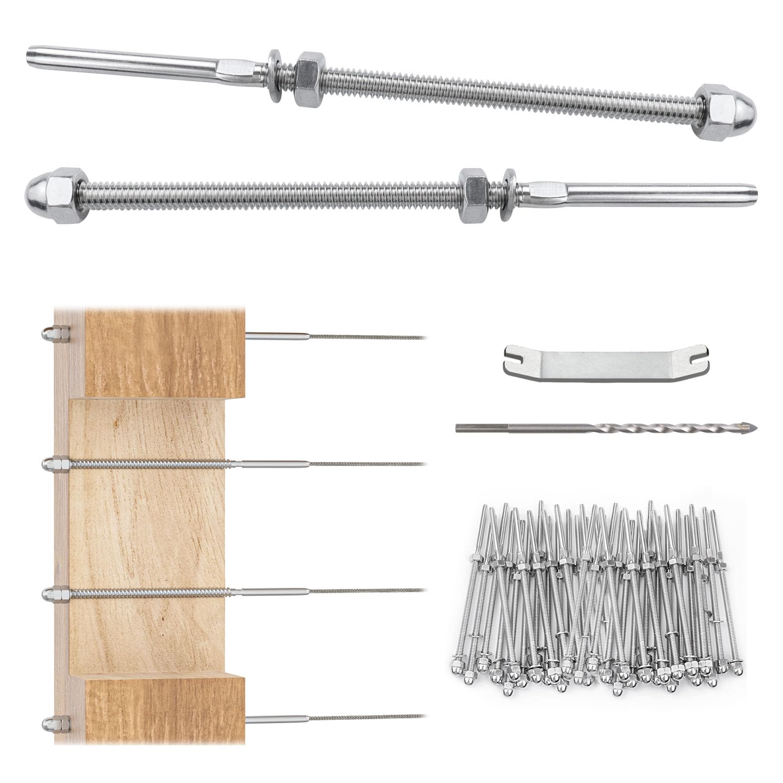Muzata 40 Pack 1/8" Cable Railing Hardware Kit Hand Swage Threaded Stud Tensioner for 4x4 2x2 Wood Metal Post T316 Stainless Steel Deck Cable Railing