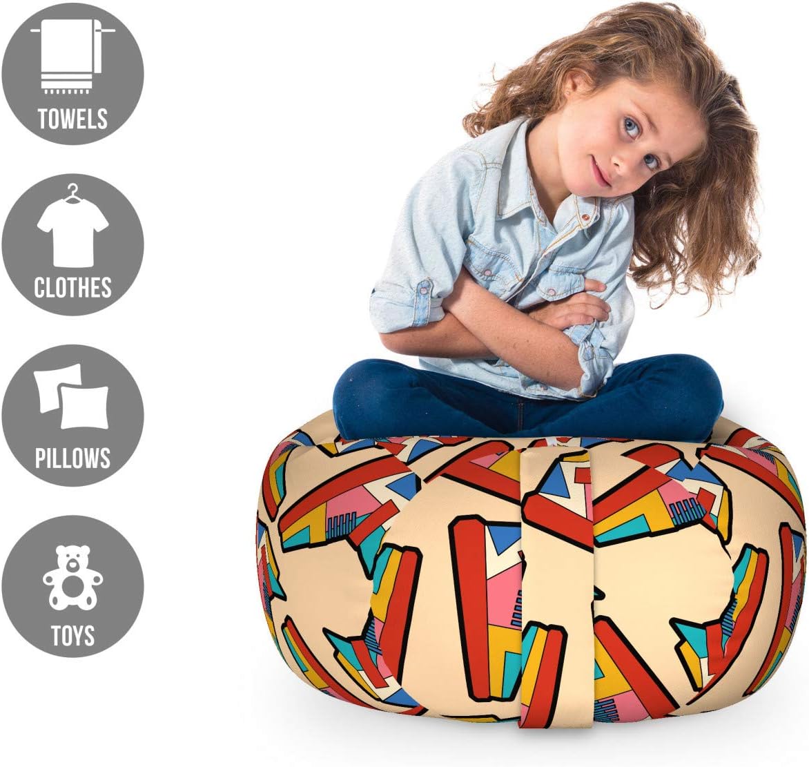 Ambesonne Colorful Storage Toy Bag Chair, Geometric Style Sneakers Sportive Elements Footwear Fashion Elements, Stuffed Animal Organizer Washable Bag, Small Size, Pale Peach Multicolor