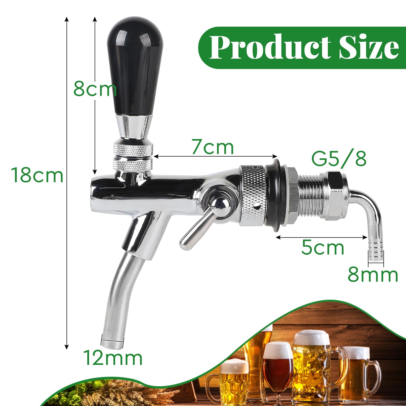 CPROSP Robinet de Bière G5/8 avec Vanne de Contrôle de Débit, Robinet à Bière Chromé, Tige Longue en Acier Inoxydable, Pour Maison, Bar, Restaurants Argenté