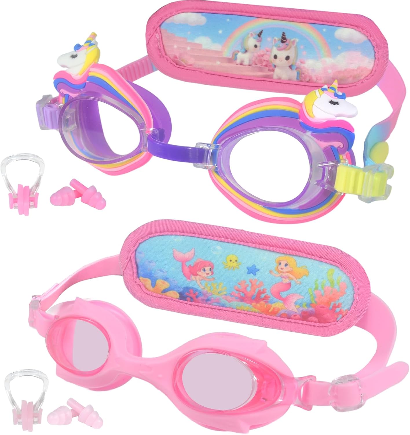 2Pack Kids Swim Goggles for 3-10, Toddler Goggle with Fabric Strap | Hair-Friendly, Easy-to-Wear Detachable Headbands Girls Goggles, Leakproof Kids Swimming Pool Goggles for Water Park, Bathing