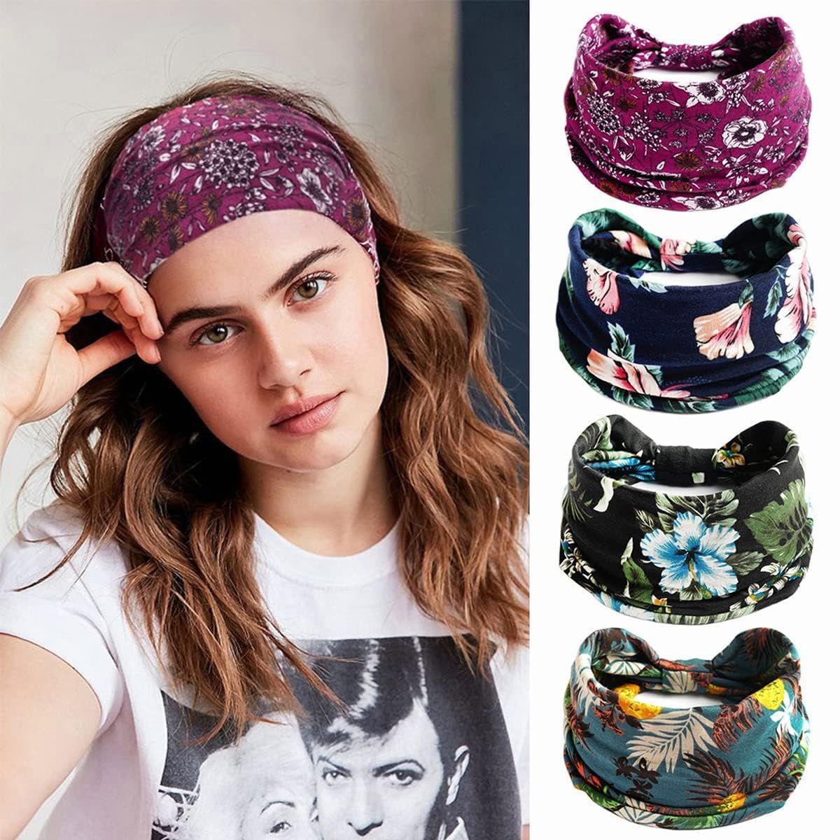 s smitex Smitex 4Pcs Bohemian Gym Headbands for Women Men Girls, Stretchable Wide Hair Bands with Trendy Floral Prints, Yoga Sweatbands for Workout, Running, Tennis, Marathon, 4 Colors-Unisex-picture-51