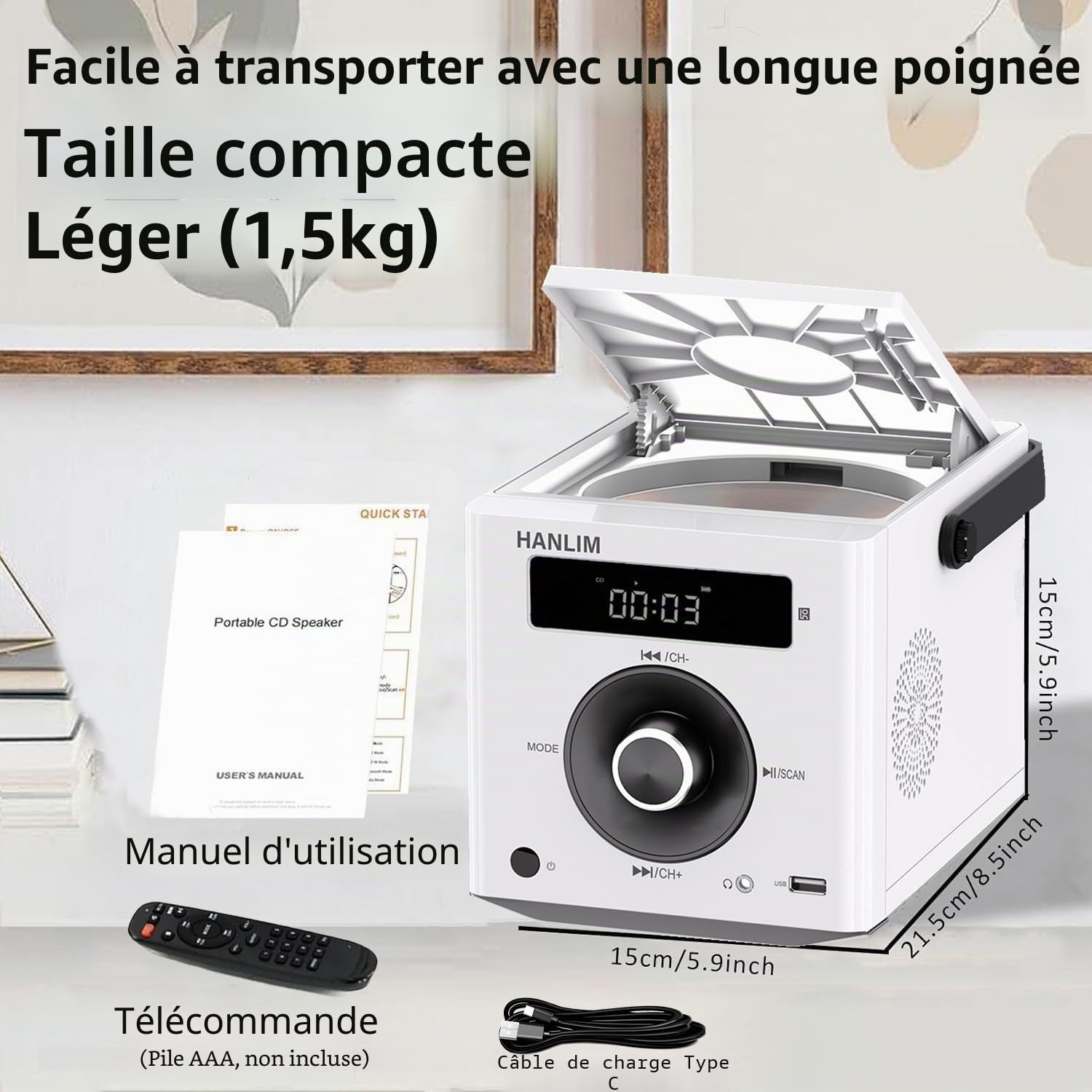 Lecteur CD Portable avec Bluetooth/Radio FM/USB/AUX, Batterie Rechargeable