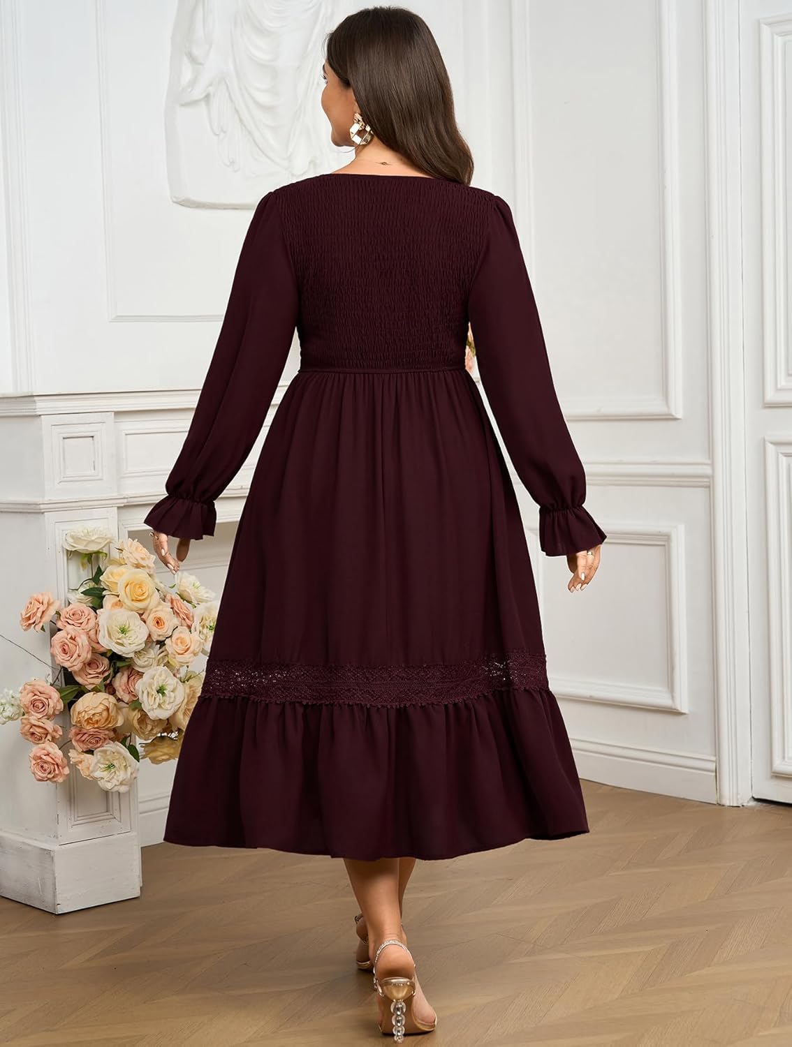 Plus Size Maxi Dress for Women Wedding Guest Fall Smocked Long Sleeve Round Neck Empire Waist Flowy Ruffle Dress 1XL~4XL - Image 4