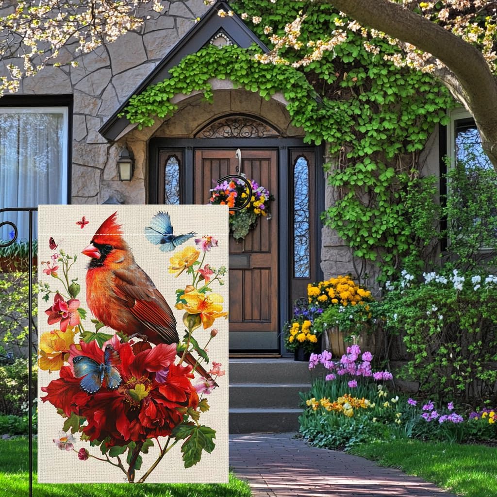 Red Bird Butterfly Flowers Garden Flag 12x18 Inch Double Sided Spring Summer Cardinal Flower Yard Outdoor Flag House Holiday Outside Decoration - Image 2