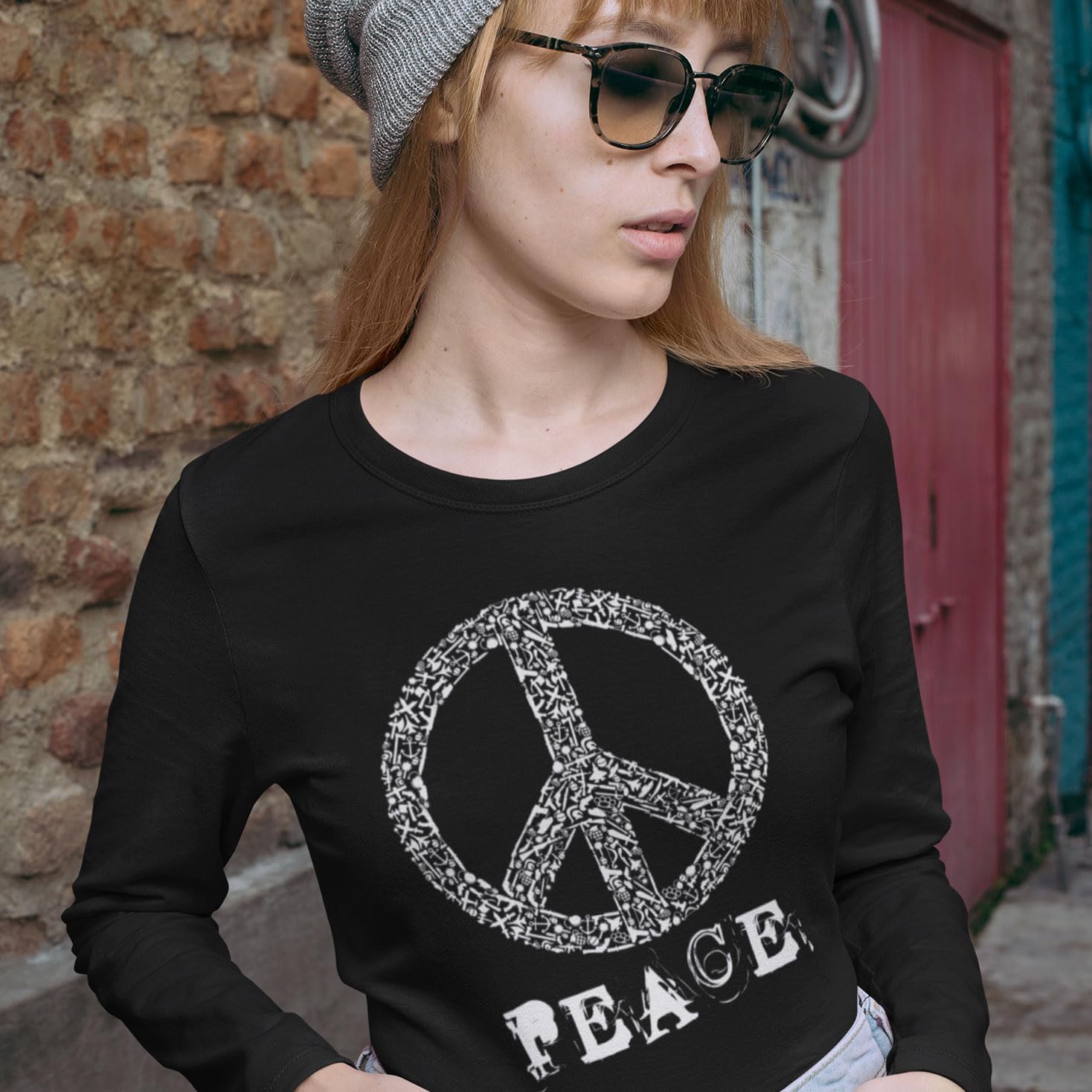 Lepni.me T-Shirt Donna Manica Lunga Simbolo Pace Hippy Anni 60-70 - Segno Libertà - Vestibilità Regolare Taglie S-XXL