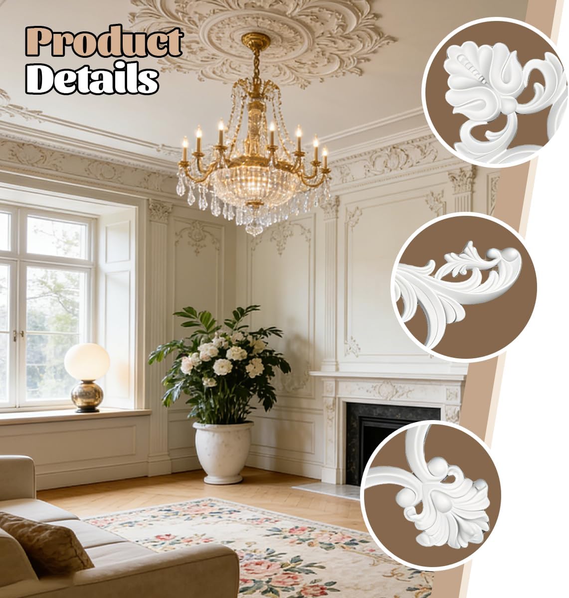 4 Pcs Ceiling Medallion Set,13.4 x 13.4 in Corner Ceiling Molding with Floral Patterns,PU Ceiling Trim French Style Accent Wall Kit for Interior Medallion Ceiling and Wall Decor
