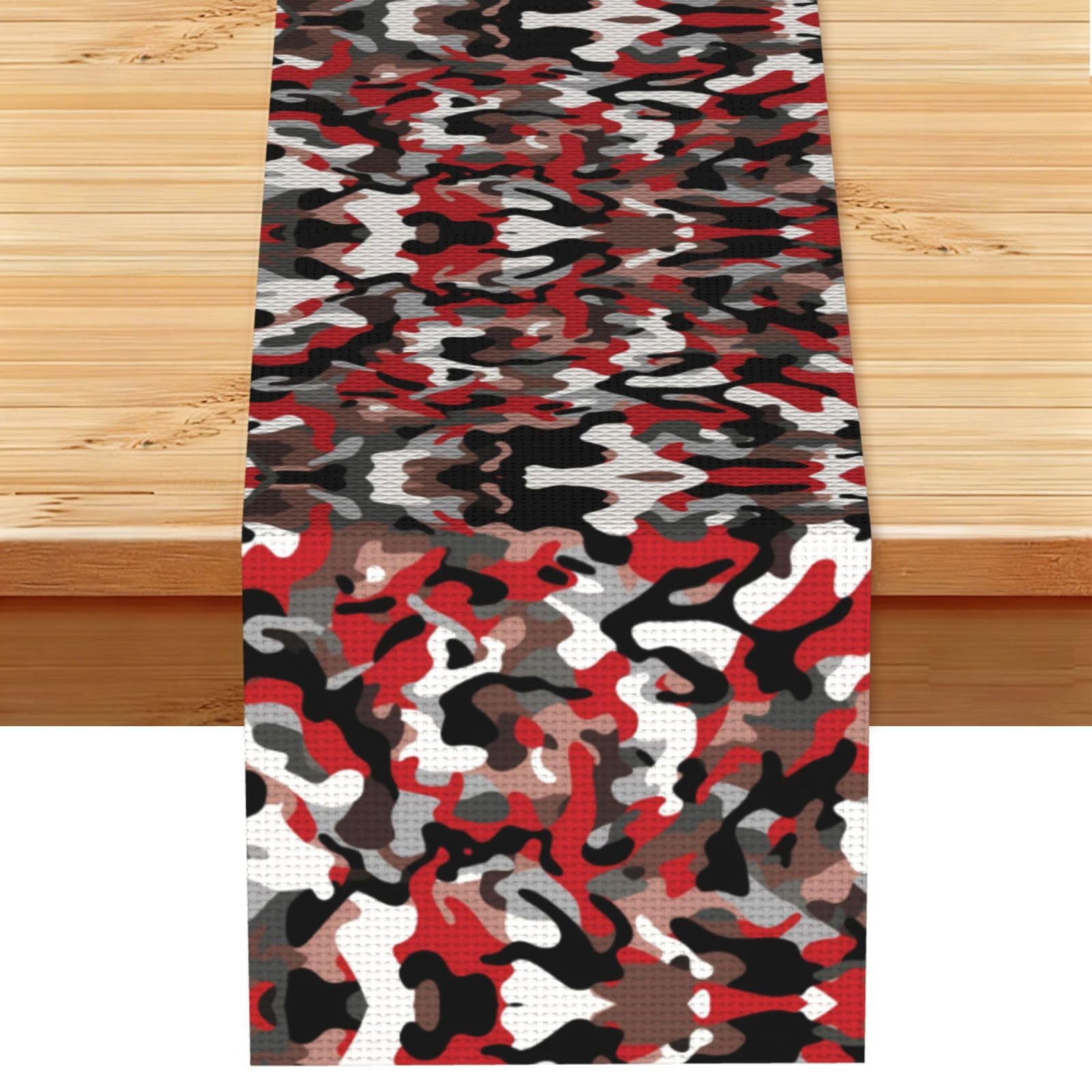 Bold Red White Camo Printed Table Runner 13 x 72, Wrinkle Resistant Decor for Dining Table Coffee Table Fireplace