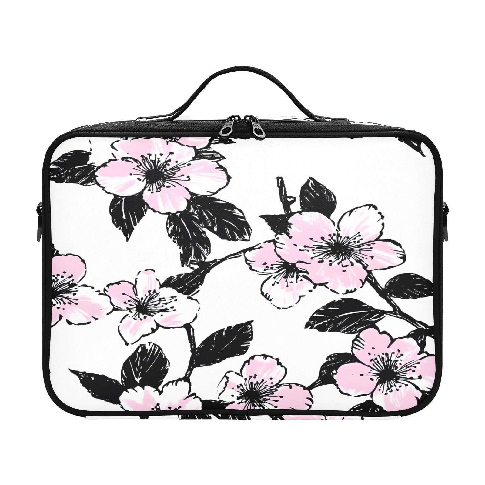 zyrtty Travel Makeup Train Case Pink Black Flower Pattern Cosmetic Organizer Portable Storage Bag with Adjustable Dividers for Cosmetics Brushes Toiletry Jewelry Digital Accessories