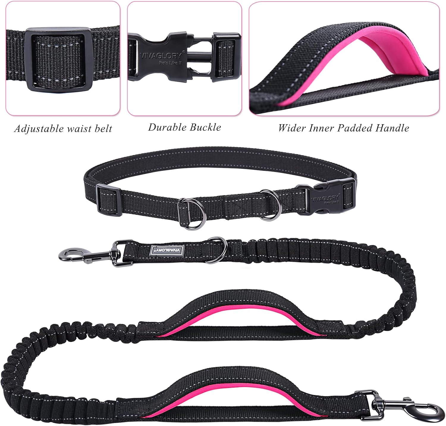 VIVAGLORY Hands Free Dog Leash + Dog Coat, Running Waist Leash with Belt for Running Walking, Warm Fleece Lined Reflective