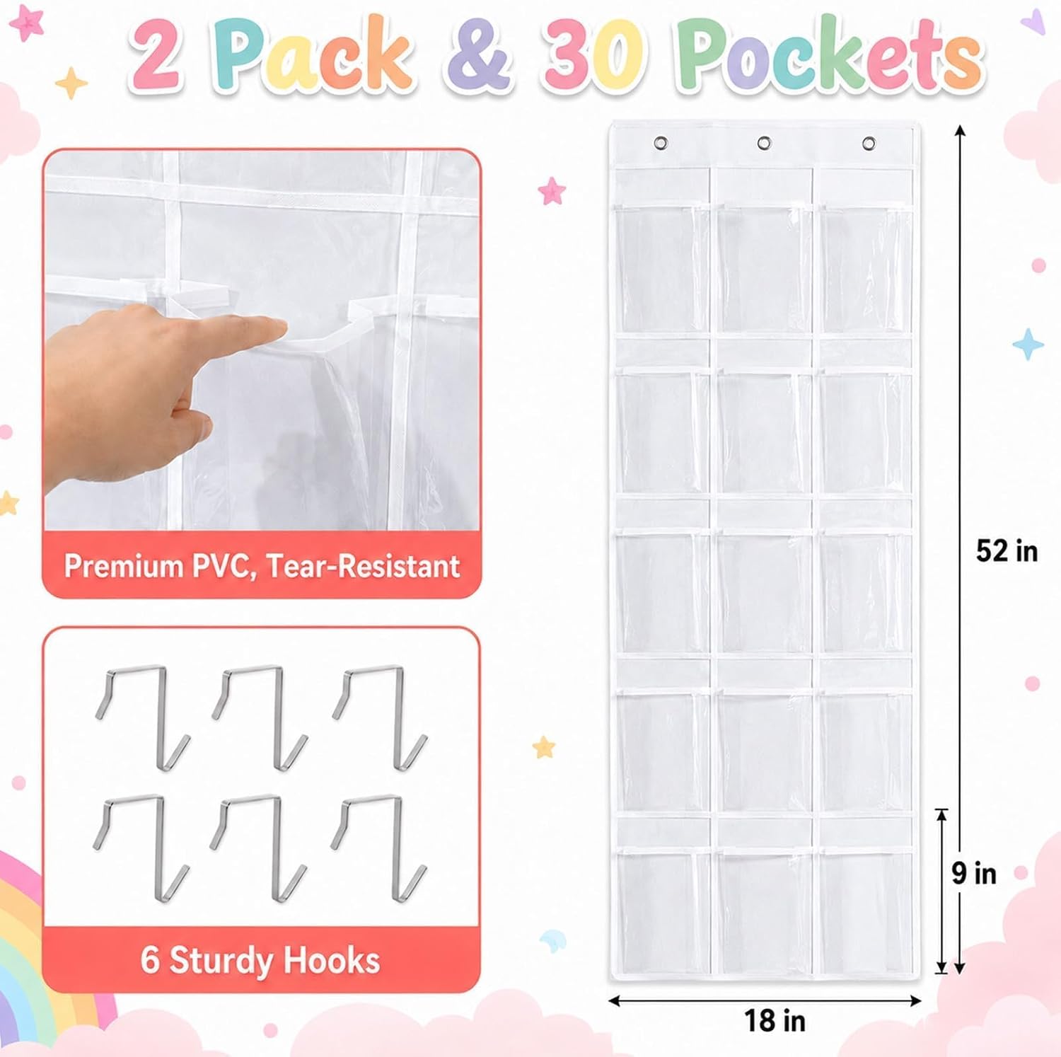 2 PCS Classroom Headphone Storage Organizer 30 PVC Clear Over The Door Hanging Headphone Holder Pocket Cell Phone Storage Bag with Digital Stickers for School Classroom Library Door Decor(Pastel)