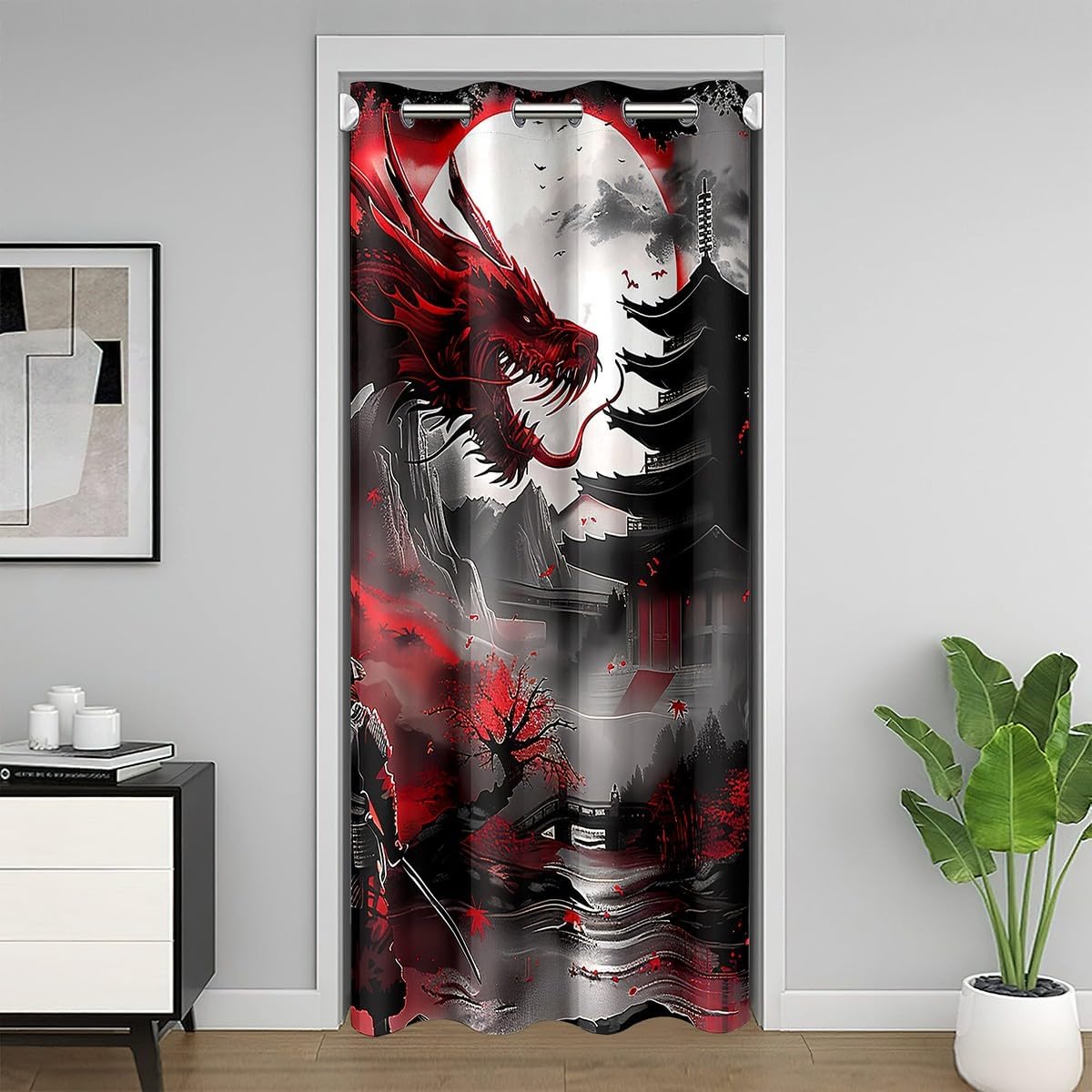 Manfei Ukiyo-e Style Door Curtain for Doorway Privacy,Japanese Samurai Sword Sliding Closet Door Curtains Dragon Wild Animal Privacy Curtain Cover for Room Divider Nature Landscape Curtain,W42 X L80