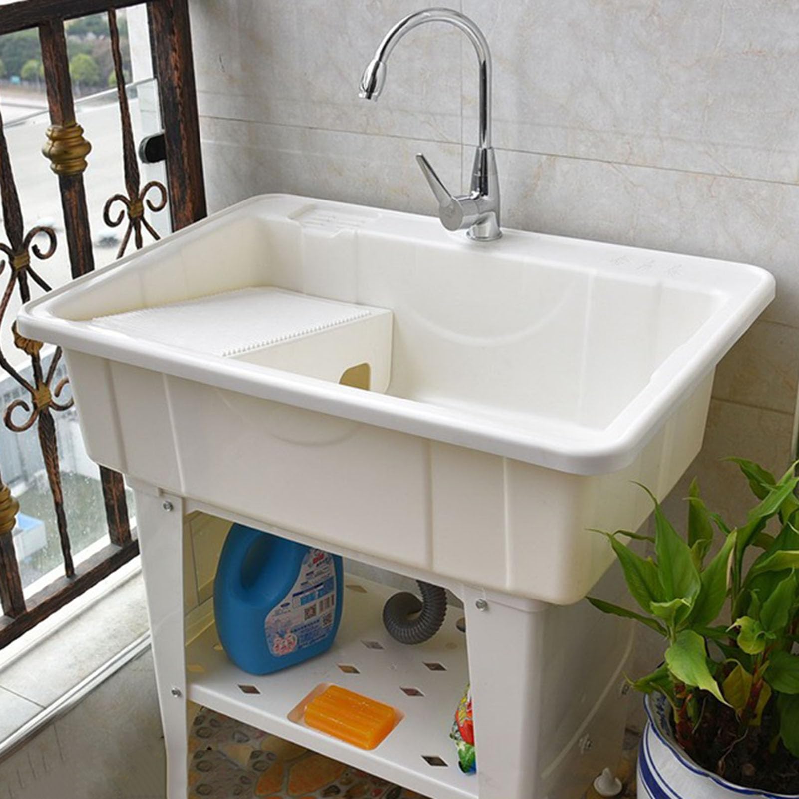 CSXSXAUO Freestanding Laundry Sink with Washboard and Faucet, Heavy-Duty Utility Station for Garage, RV, Commercial, Garden Use