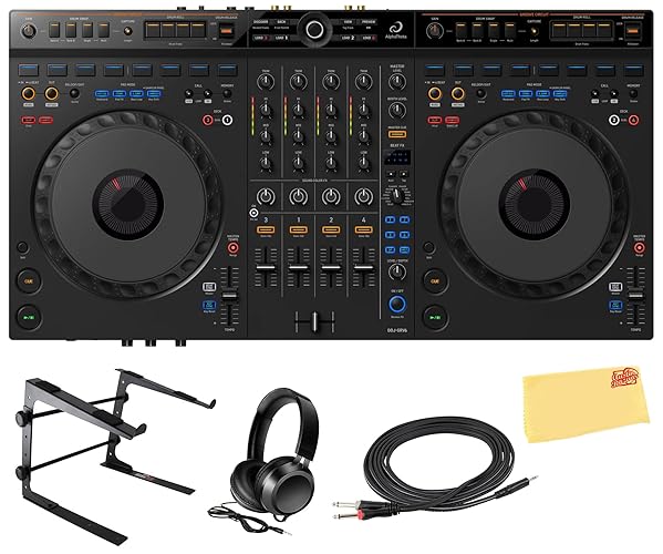AlphaTheta DDJ-GRV6 4-Channel Performance DJ Controller Bundle with Laptop Stand, Headphones, TRS-to-Dual-TS Stereo Breakout Cable, and Austin Bazaar Polishing Cloth