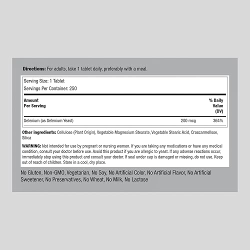 Miniatura 2 de Piping Rock - Selenio 200 mcg  250 comprimidos  Vegetariano, sin OMG, suplemento sin gluten