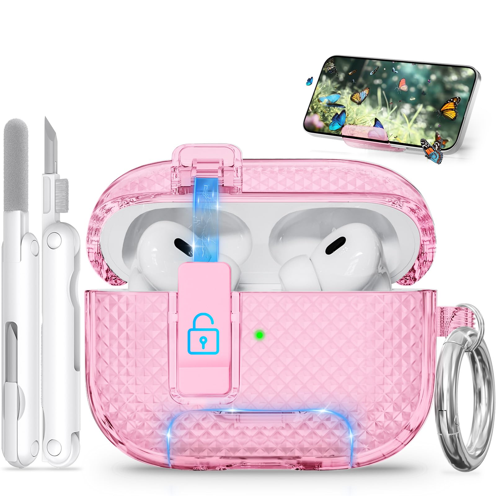 Ekoonpft for AirPods Pro 2 Case with Phone Stand &amp; Secure Lock, Auto-Open Clear Cover Compatible with Apple AirPods Pro 2nd/1st Gen (2023,2022,2019) with Cleaning Kit &amp; Keychain (W-Pink)